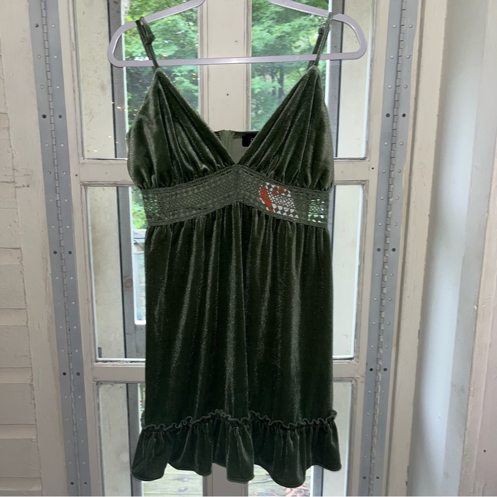 Green velvet dress with lace cut outs NWT